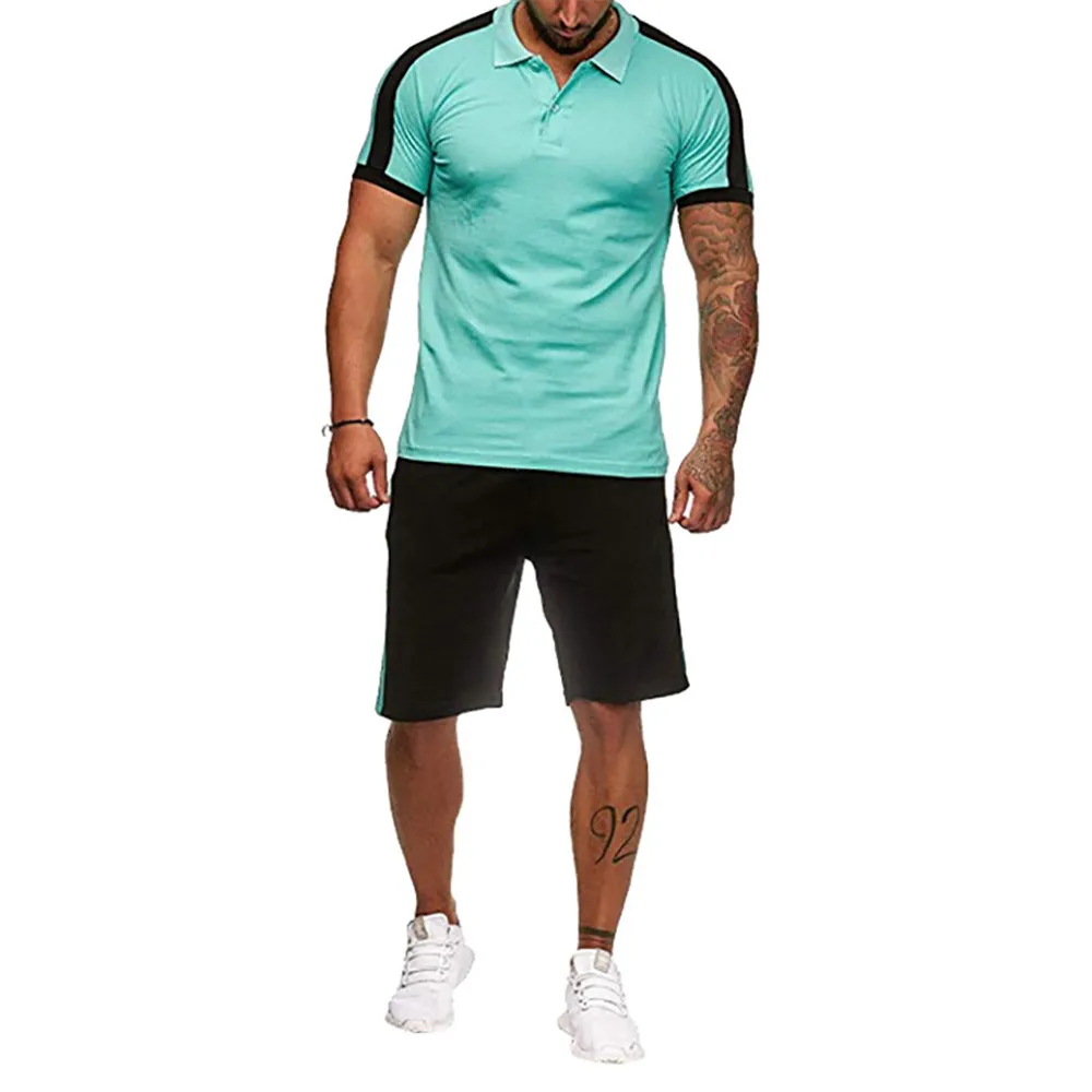 2019 Male Tracksuits Short Sleeve Hot Sale Patchwork Style Men Fitness Sets Breathable Male Sportswear Shorts Loose Summer Wear