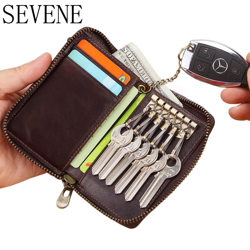 

SEVENE Key Wallets Keychain Wallet Genuine Leather Men Purse Multi-Functional Car Key Organizer Card Holder Zipper Car Key Case