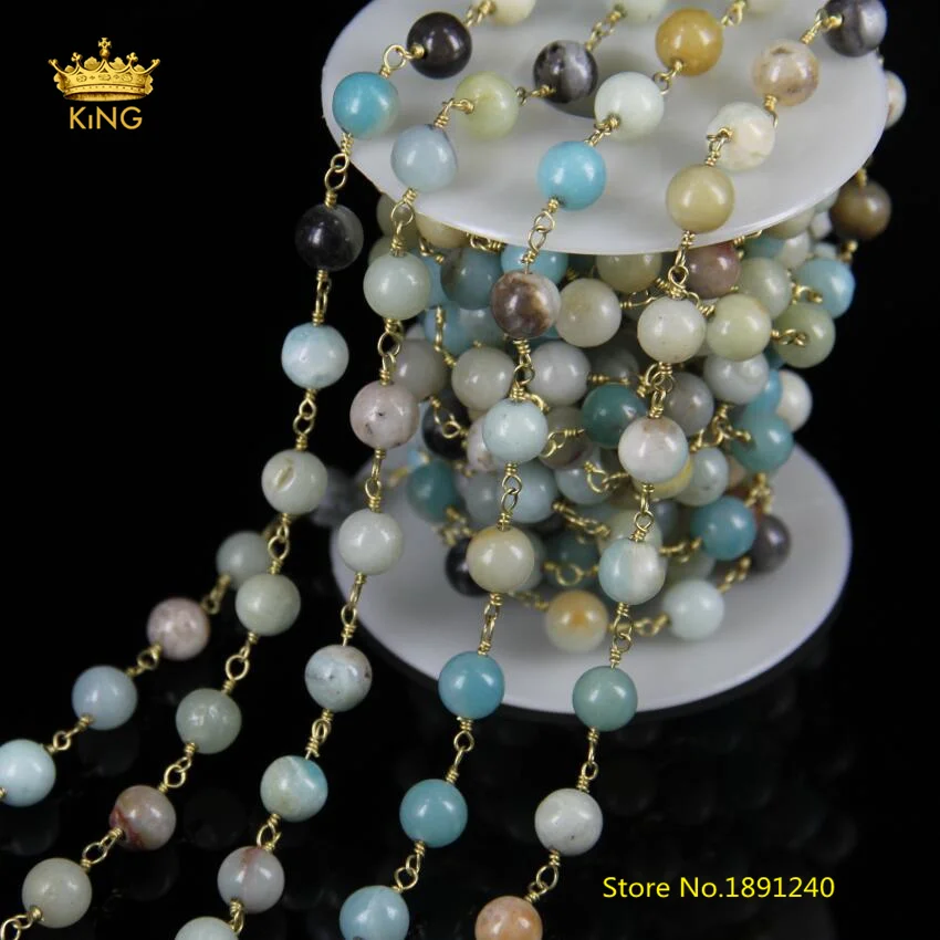 5Meter 8mm Smooth Round Amazonite Beaded Chains Jewelry Rosary Chain Wire Wrapped Stones Plated Brass Copper Necklace ZJ10 | Украшения и