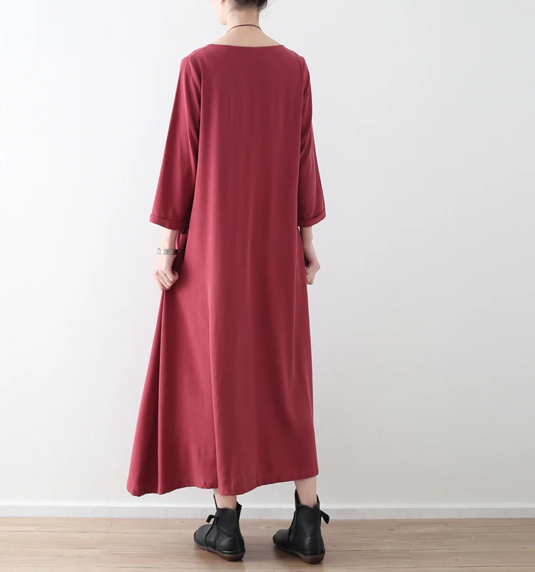 Plus Size Women Solid Black Red Dress Pockets Autumn New Casual Cotton Linen Loose O-Neck Vintage Long Sleeve Maxi Dress