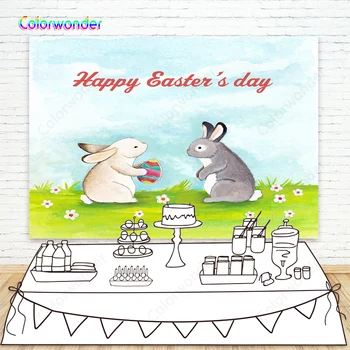 

Oil Painting Photography Background Yellow with Grey Rabbits Holding A Colorful Egg 7x5ft Blue Sky with Lawn Backdrop for Easter