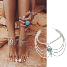 Распродажа Летних многослойных цепочек золотистого бирюзового цвета, ювелирные изделия для ног, богемные модные браслеты на лодыжке в стиле бохо