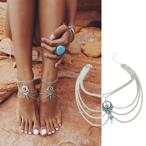 Распродажа Летних многослойных цепочек золотистого бирюзового цвета, ювелирные изделия для ног, богемные модные браслеты на лодыжке в стиле бохо - изображение
