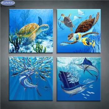 

4 Pcs set,5D,diy Diamond Painting Cross Stitch,Blue Deep Sea Turtle/Fish Diamond Embroidery,3d picture,Diamond Mosaic Kit