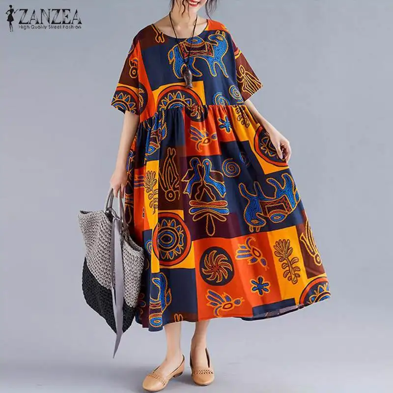 Женское платье с принтом размера плюс ZANZEA, летний сарафан с коротким рукавом, женское винтажное свободное повседневное макси платье, длинное платье