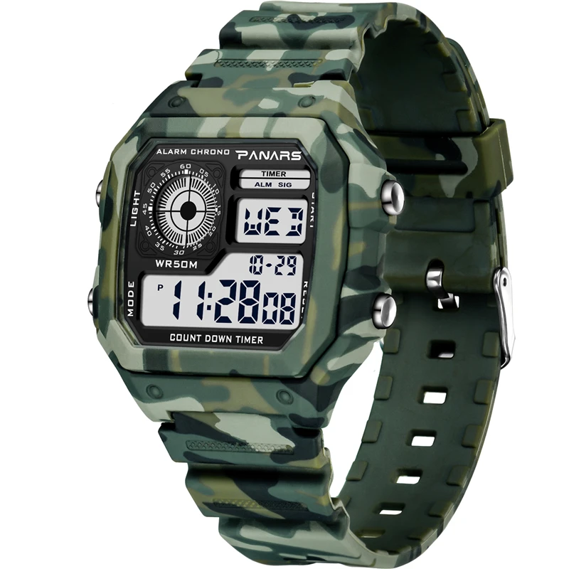 PANARS часы мужские спортивные цифровые часы с хронографом водонепроницаемые светящиеся часы камуфляжные военные наручные часы Мужские часы - Цвет: Зеленый