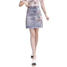 Женские юбки с цветочной вышивкой, джинсовые синие Мини женские повседневные юбки, украшенные бисером, элегантные юбки наивысшего качества