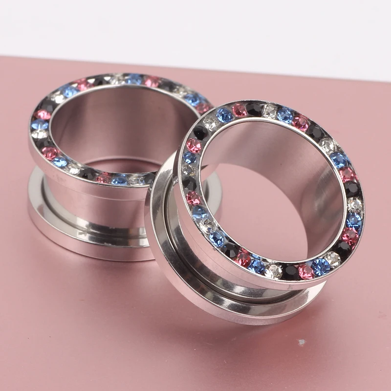 ear tunnel 2pcs body jewelry stainless steel mix gem silver screw flesh