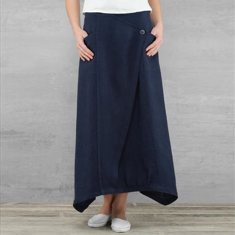 Лето, Женская длинная льняная юбка, повседневные свободные асимметричные юбки с карманами, Женская винтажная юбка макси размера плюс - Цвет: Navy