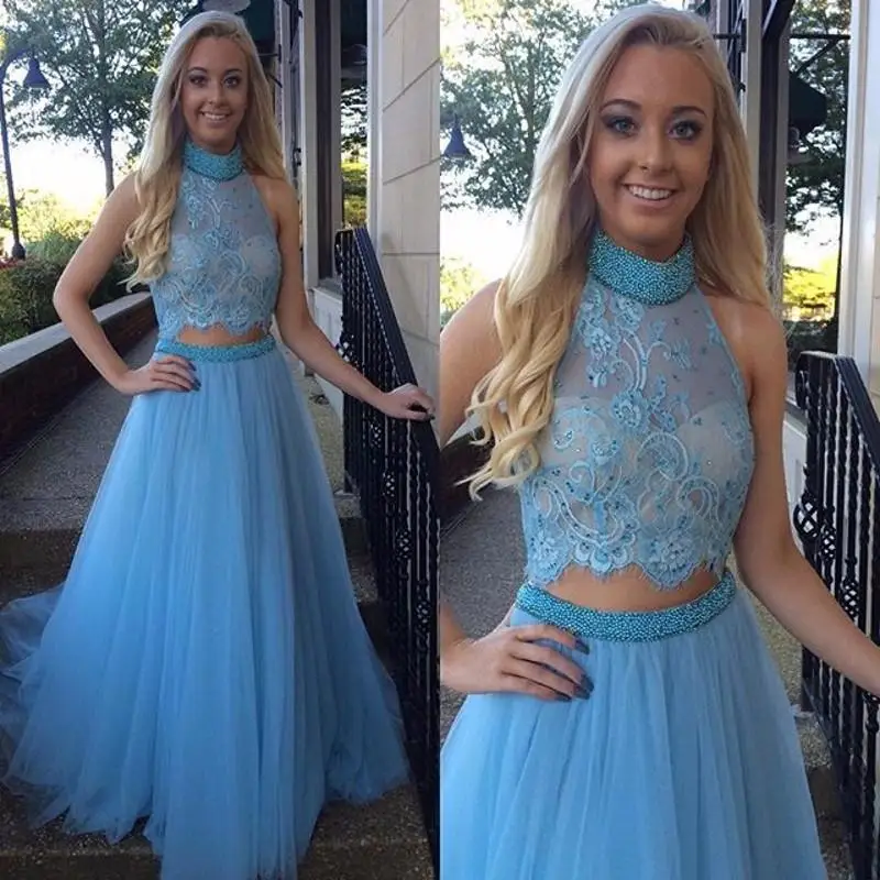 

2017 Gorgeous High Collar Two Piece Prom Dress Beading Tulle Evening Gown Blue Lace Crop Top Prom Party Gowns