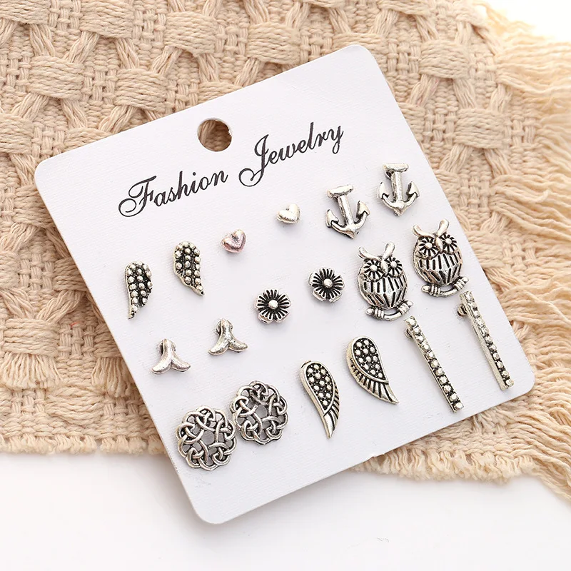 

2019 Promotion Earings Brinco Earrings Suit Hot Style In Europe And America To Restore Ancient Ways The Owl Wings Alloy 9 Stud