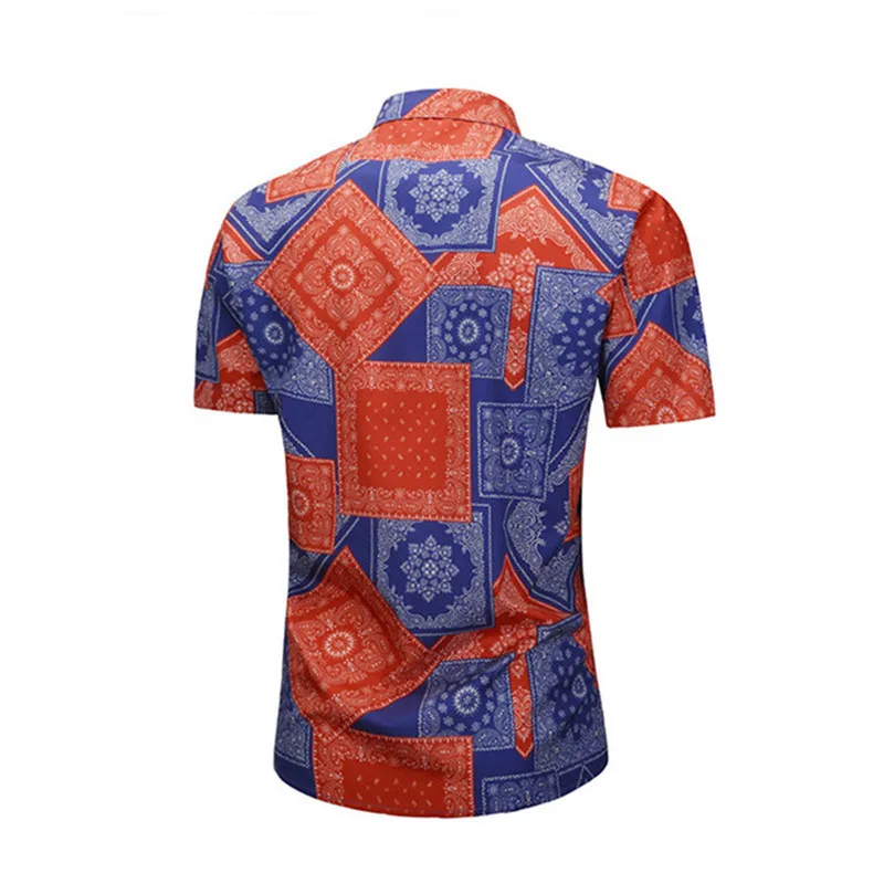 Мужская гавайская рубашка красный синий узор рубашка с принтом Мужская одежда Повседневная Slim Fit цветочные рубашки мужские рубашки с