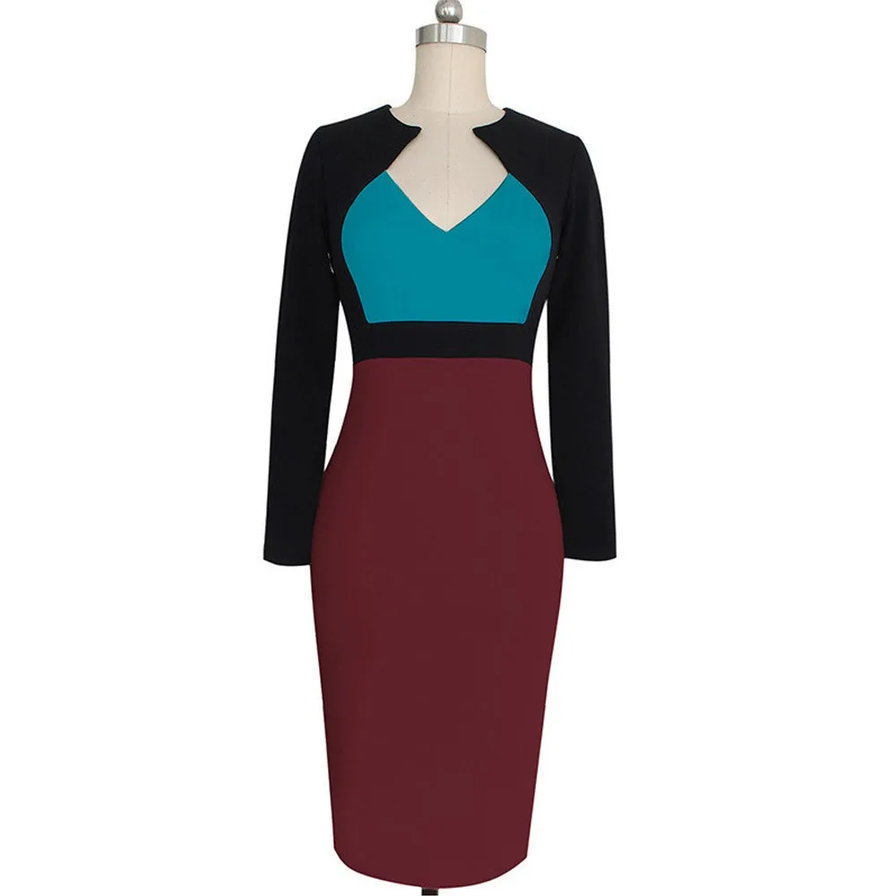 Women's Elegant V Neck Colorblock High Waist Slimming Cotton Tunic Wear To Work  Office Sheath Pencil Wiggle Dress Ml18776 - Dresses - AliExpress