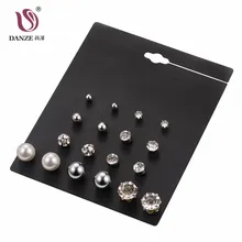 DANZE 9 Pair Lot Fashion Classic Crystal Stud Earrings Set For Women Simulated Pearl Jewelry Wholesale