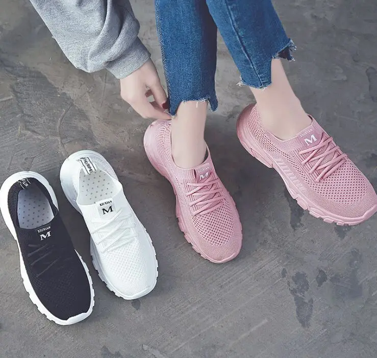 

2019 Spring/autumn Women Plus Size 35-40 Sneakers Flyknit Female Vulcanized Shoes Casual Flat Shoe Mesh Soft Walking Footwear