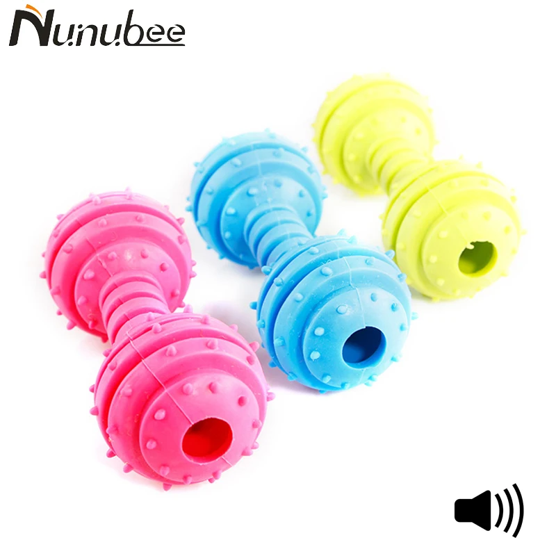 Nunubee Rubber Dumbbell Dog Toy Sound Squeak Squeaky Chew TPR Bells Dog