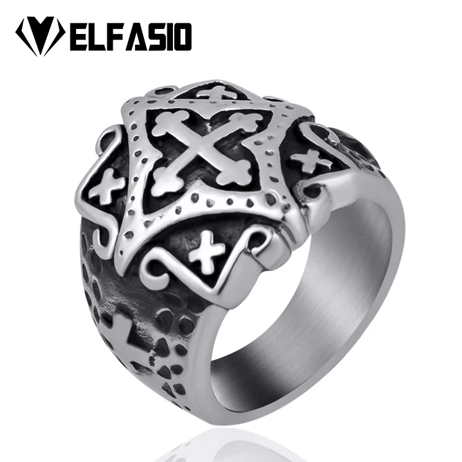 Elfasio رجال الصليب الفولاذ المقاوم للصدأ خاتم فضة لهجة جديدة الأزياء والمجوهرات Elfasio رجال الصليب الفولاذ المقاوم للصدأ خاتم فضة لهجة جديدة الأزياء والمجوهرات