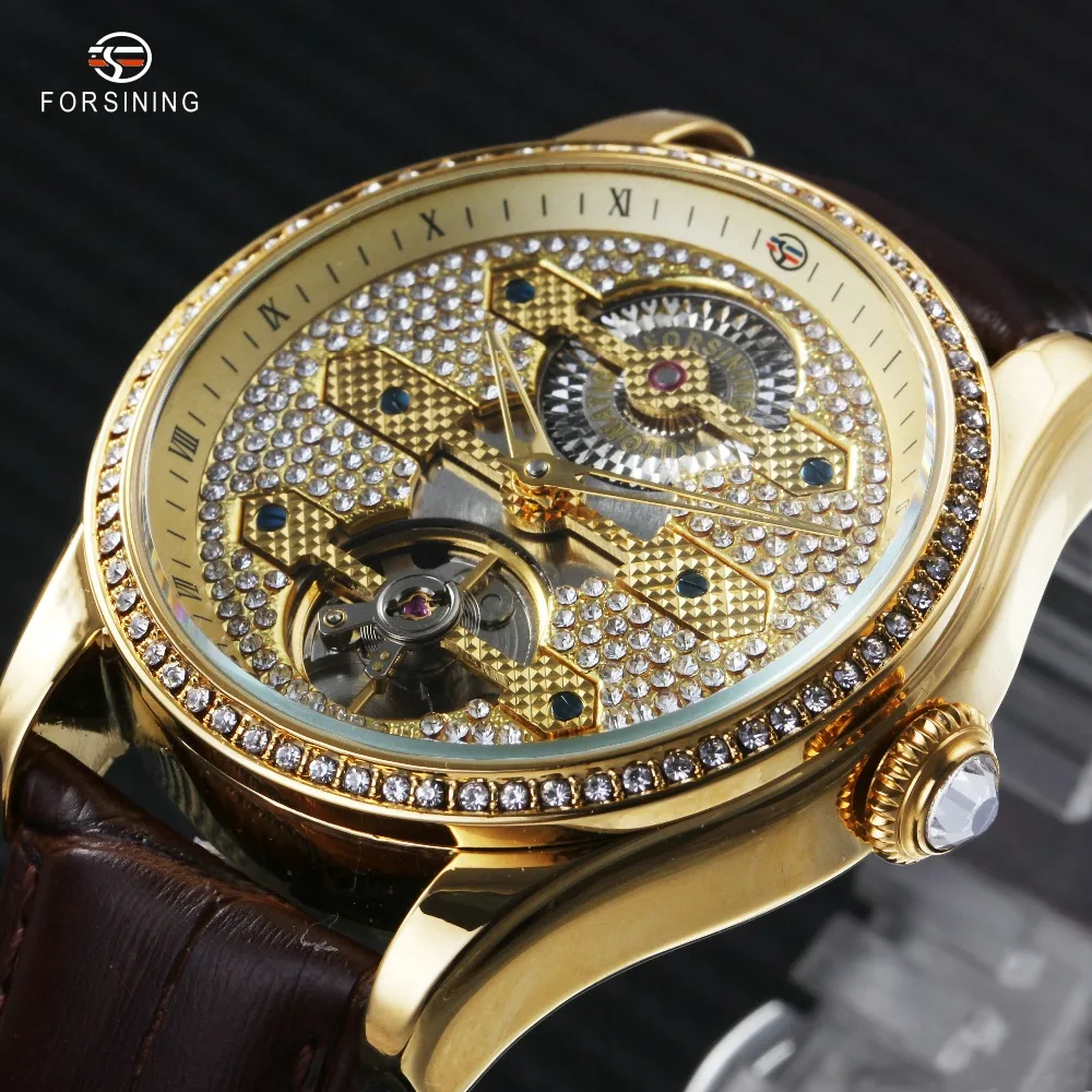

FORSINING Men Auto Mechanical Watches Luxury Royal Roman Numerals Crystal Decoration Dial Leather Strap Tourbillon Wristwatches