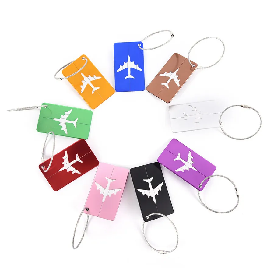 Etiqueta de equipaje de viaje de aleación de aluminio, etiqueta colgante para maleta, avión con tarjetas de identificación de nombre, antipérdida, accesorios de viaje de Color sólido