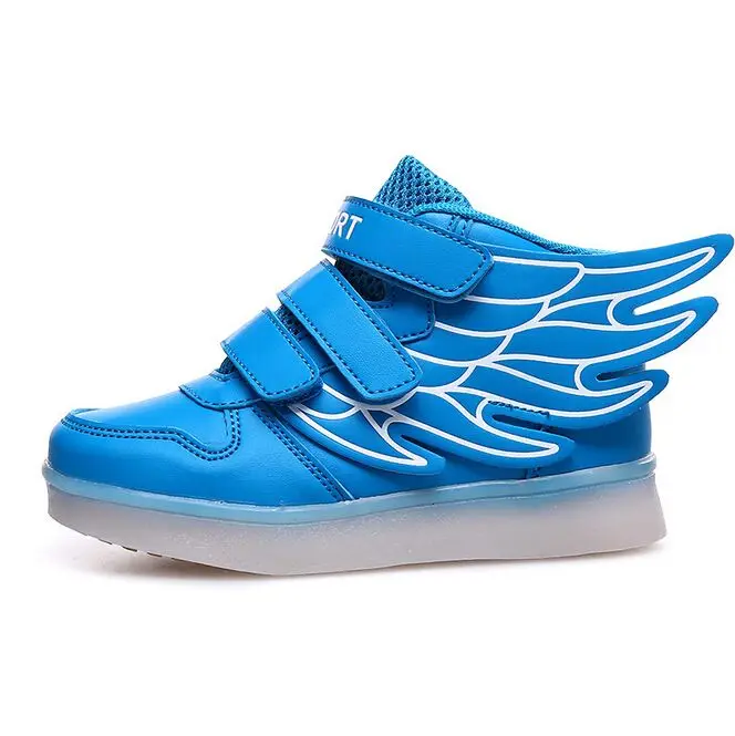 Светящийся светодиодный свет детские кроссовки для мальчиков и девочек обувь из искусственной кожи с высоким верхом модные детские кроссовки с крыльями повседневная спортивная обувь - Цвет: Синий