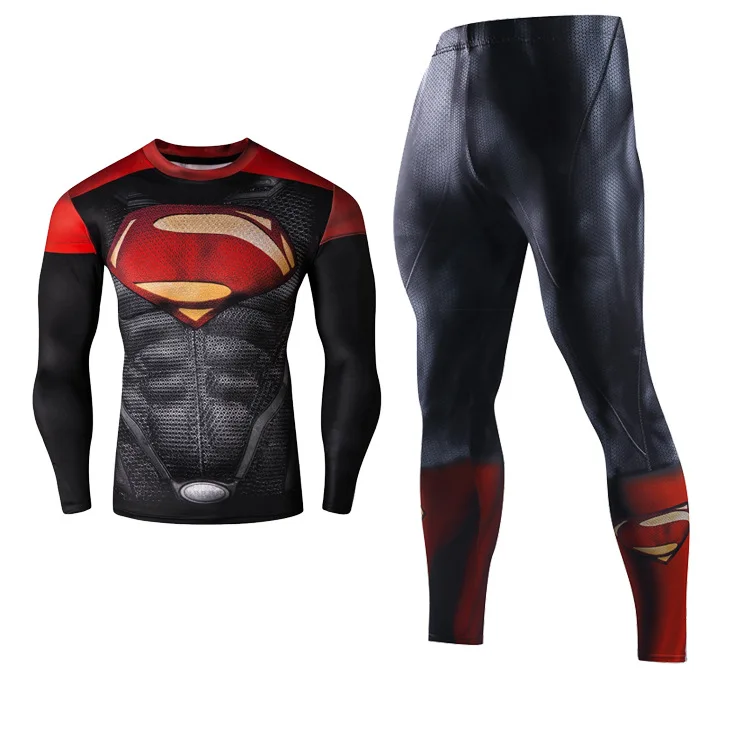 Супергерой Мститель мужские комплекты из двух предметов спортивный костюм с длинным рукавом Кроссфит футболка Фитнес Леггинсы наряд
