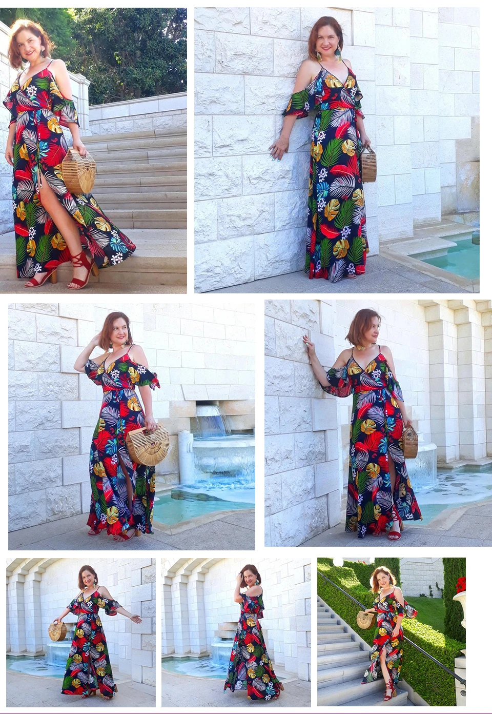 Floral Print Ruffle Open Shoulder Cami Long Dress