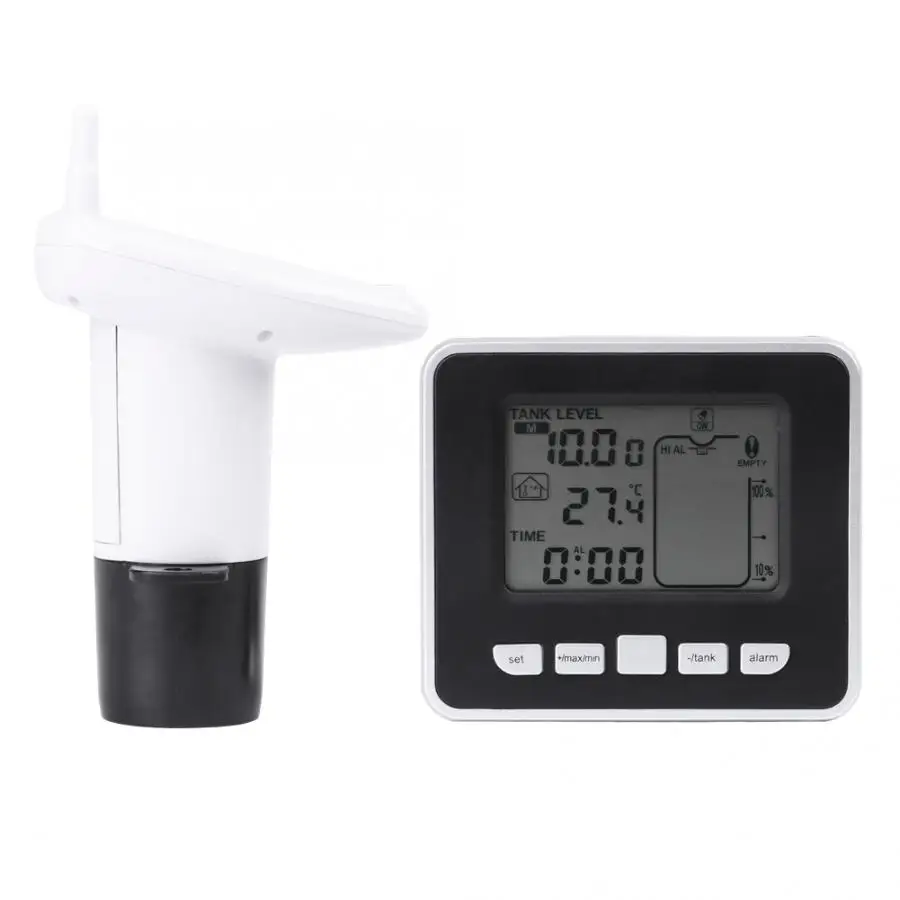 

Ultrasonic Water Tank Level Meter Indicator ABS Plastic Temperature Sensor Low battery Indicator Time Alarm Transmitter