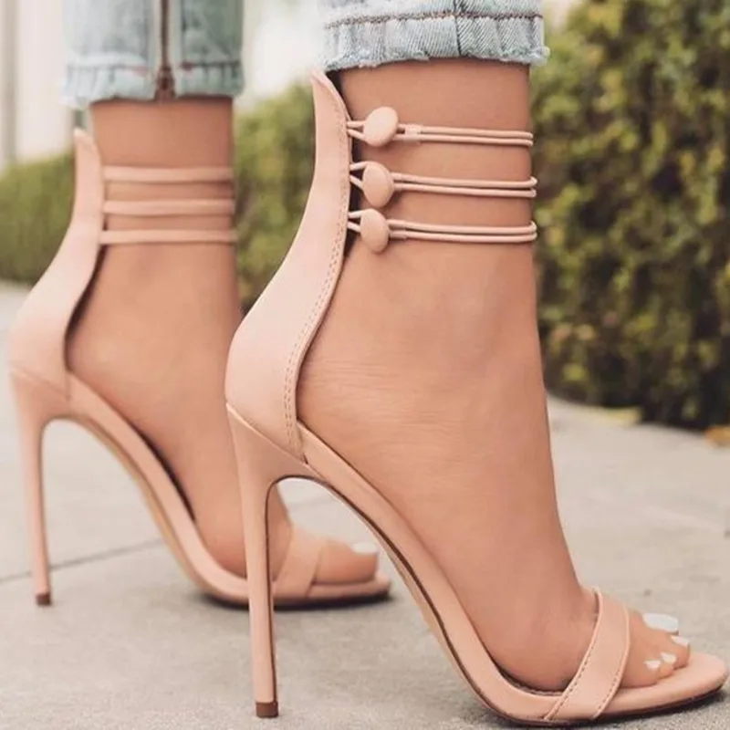 

EMMA KING Triple Strap Dress Button Womens Sandals High Thin Heels Party Sexy Open Toe Summer Pink Red Big Size 43 Fashion Sexy