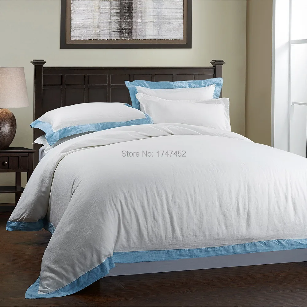 100 Pure Linen Stone Washed Bedding Set With Blue Border In