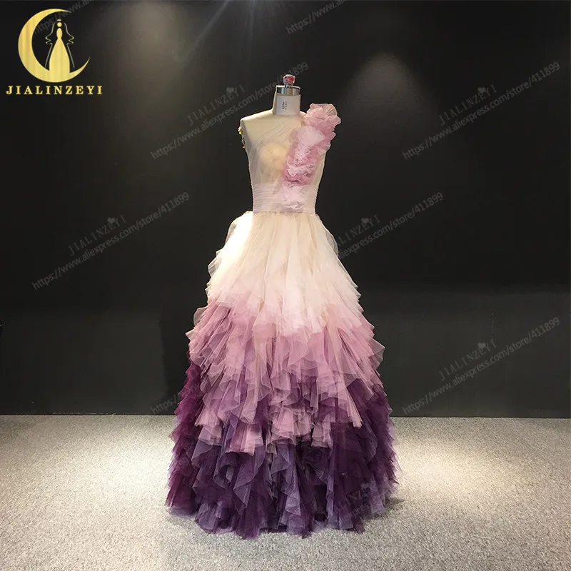 

JIALINZEYI Real Sample One Shoulder Purple Pleats Floor Length witn Flowers formal Dress for Party Evening Dresses