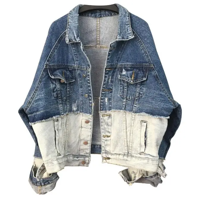 

Bat sleeve fashion hole denim jacket women contrast color stitching loose large size jeans coat