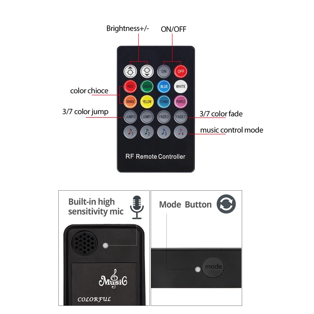 Цветная (RGB) Светодиодные ленты света 5050 SMD RGB 5 м Светодиодная лента лампа гибкий Водонепроницаемый Диод + 20 Ключи музыка RF контроллер + DC12V