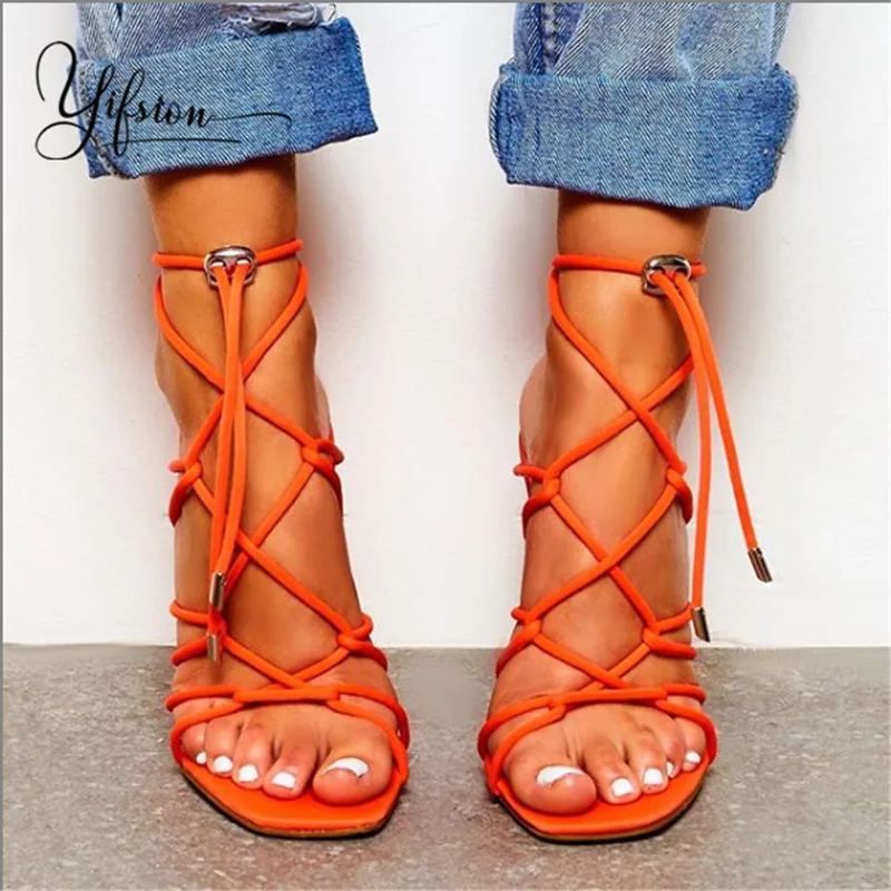 

YIFSION New Fashion Sexy Open Toe Black Orange Women summer Sandals Lace Up Thin High Heel Sandals Shoes Women
