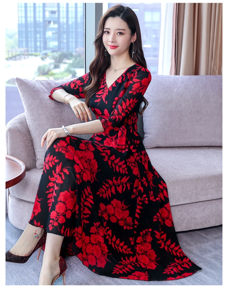 High Quality Plus Size Fashion Autumn New Arrival Collect Waist 3/4 Sleeve FeatherPrinting Woman Long V Neck Chiffon Dress