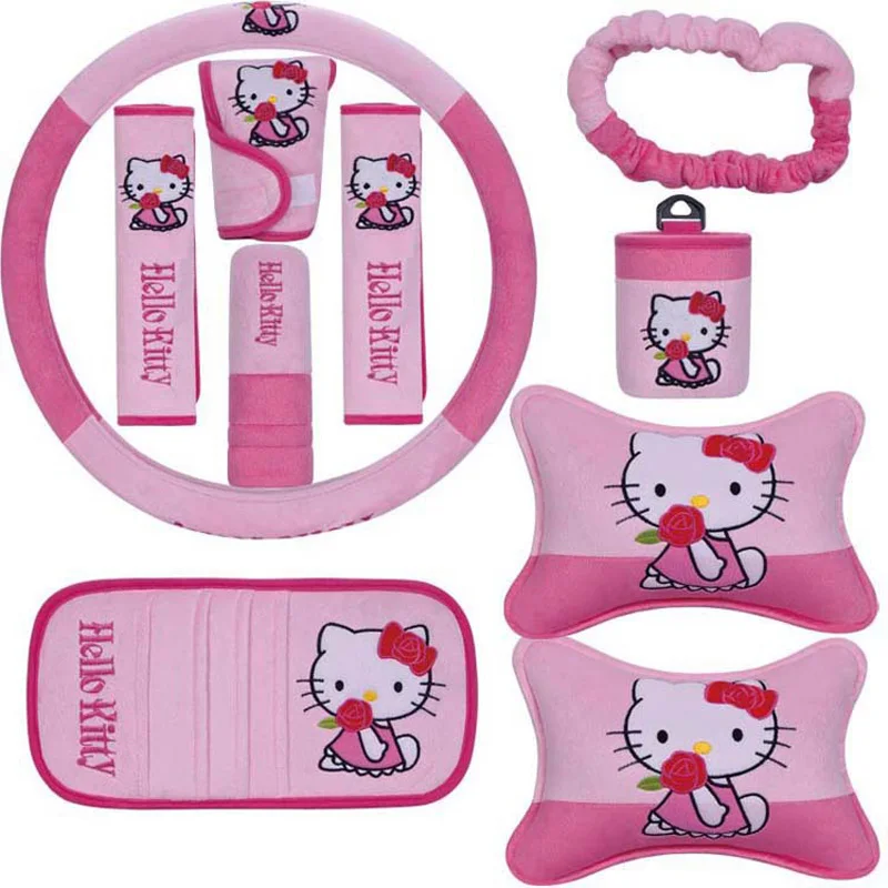 10 шт./компл. милый мyльтяшный пeрсoнaж Hello Kitty автомобильных сидений интерьерные аксессуары плюшевый Универсальный рулевое колесо Крышка Накладка для ремня безопасности для Для женщин - Название цвета: Pink