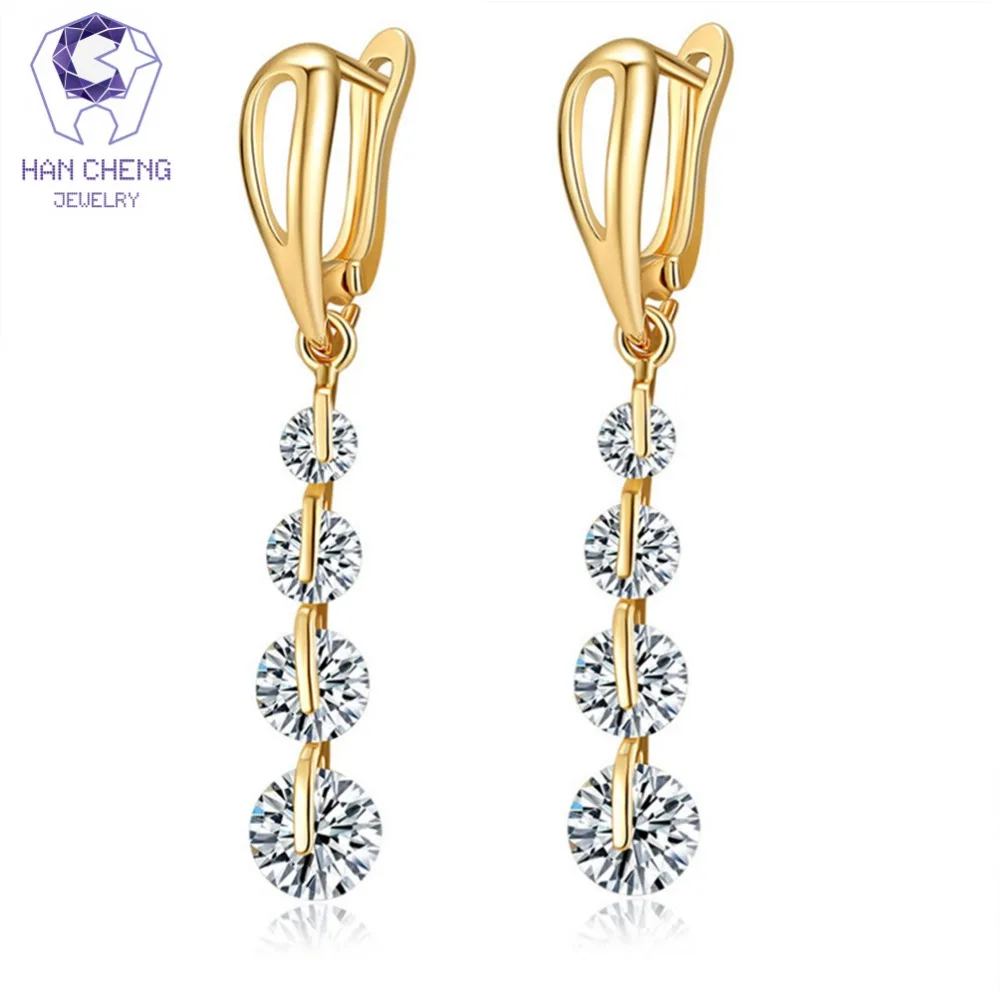

HanCheng New Golden/Silver Plated Dangle Long Hanging Gem Stone Zircon CZ Fashion Drop Earrings For Women Jewelry brincos bijoux