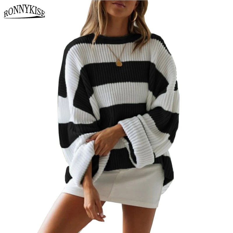 

RONNYKISE Strips Stitching Knitted Sweaters Women's Fashion Long Sleeve O-neck Pullovers Autumn and Winter Warm Sweater Clothes