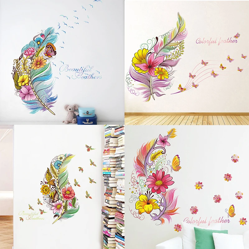 

Beautiful Feather Flower Butterfly Wall Stickers For Home Decorations Bedroom PVC Self Adhesive Art Waterproof India Wallpaper