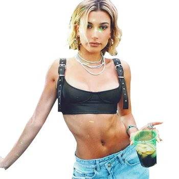 

Black PU Leather Sexy Bra Women Metal Buckle Motorcycle Crop Top Intimates Clubwear Plunge Push Up Bras for Women