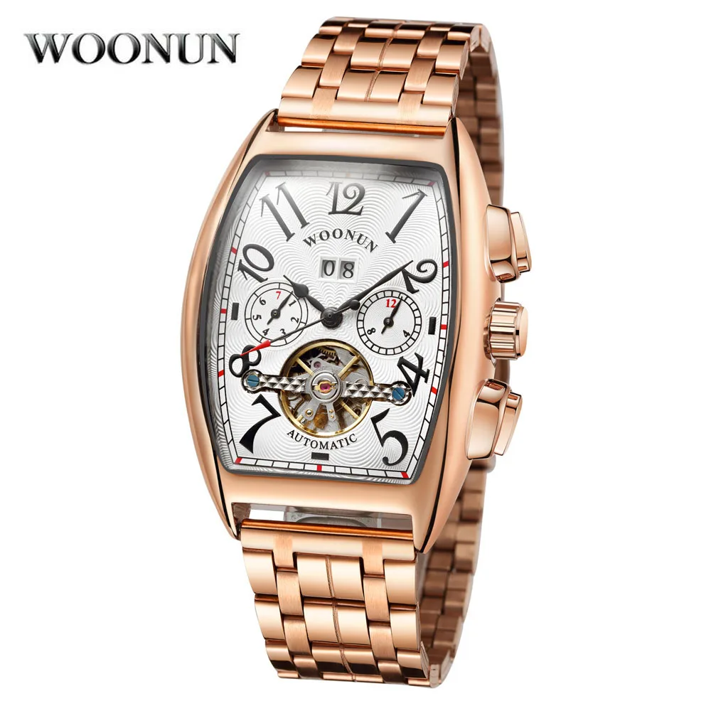 

New 2018 Rose Gold Business Mechanical Wristwatches Men Luxury Famous Brand Stainless Steel Band Tonneau Watch Relogio Masculino