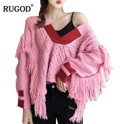 RUGOD новые модные женские Однотонный свитер 2018 Повседневное кружева v-образным вырезом Фонари рукавом трикотажные пуловеры для Для женщин