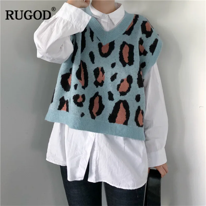 RUGOD, винтажный Леопардовый женский свитер, модный жилет с v-образным вырезом, женские пуловеры, вязаные женские топы, sueter mujer invierno