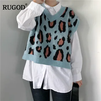 

RUGOD 2019 Vintage Leopard Women Sweaters Vest Fashion V-Neck Women Pullovers Knitted Women Tops sueter mujer invierno 2019