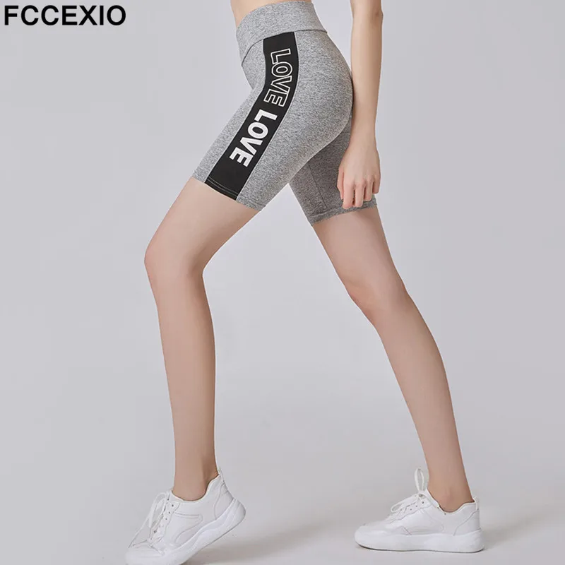 

FCCEXIO Women New High Waist Slim Gray Legging Women Love Letter Print Workout Leggings Sporting Slim Fitness Short Leggings