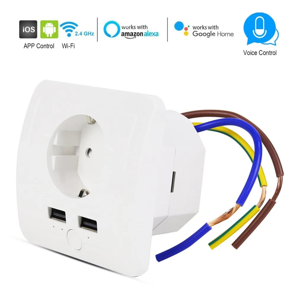 wifi Smart Wall EU Socket With 2 USB Ports 15A timer switch Control outlet voice control Works