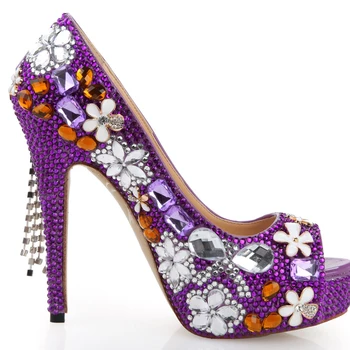 

2018 Handmade Butterfly Tassel Bridal Dress Shoes Purple Peep Toe High Heel Platform Party Prom Pumps Rhinestone Wedding Shoes