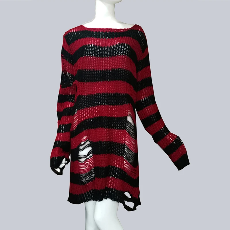Tanie Plus rozmiar Punk Gothic długi Unisex sweter kobiety mężczyzna paski fajne drążą otwór złamany skoczek para luźne Rock cienkie swetry