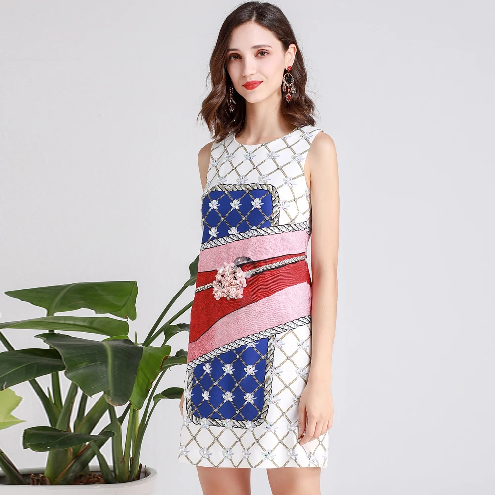

Red RoosaRosee New Runway Designer Summer Square Print Manual Sequin Diamond Mini Dress Women Elegant Party Vestidos Robe Femme
