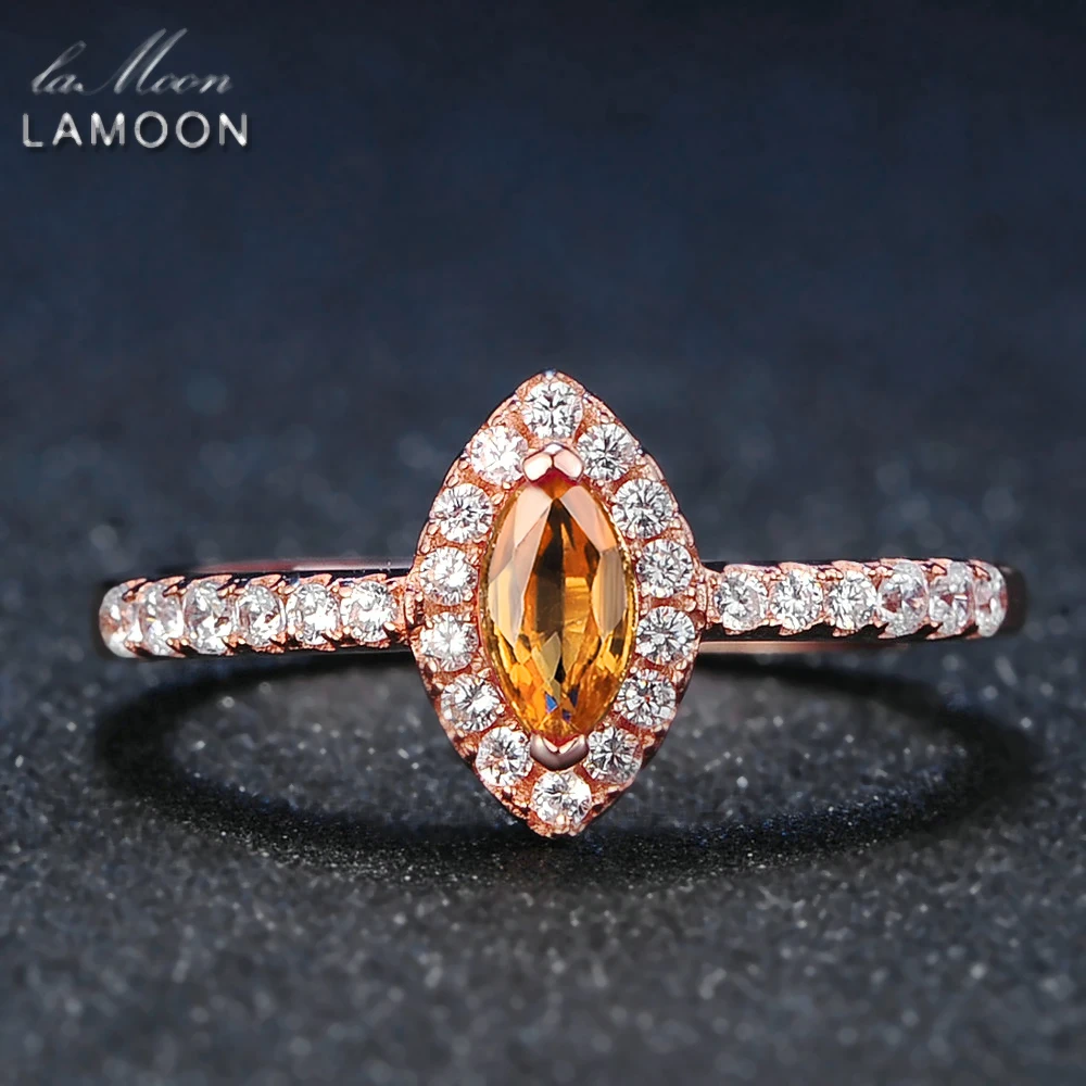 LAMOON Horse Eye Shape Natural Citrine 925 Sterling Silver Jewelry Wedding Ring with S925 For Women LMRI004