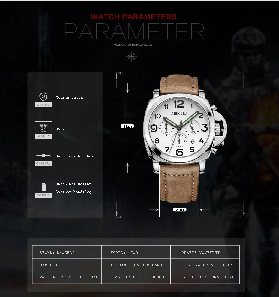 Baogela армейские наручные часы кварцевые мужские кожаный ремешок для часов армейский спортивный хронограф секундомер часы мужские Relogios Masculino 1702